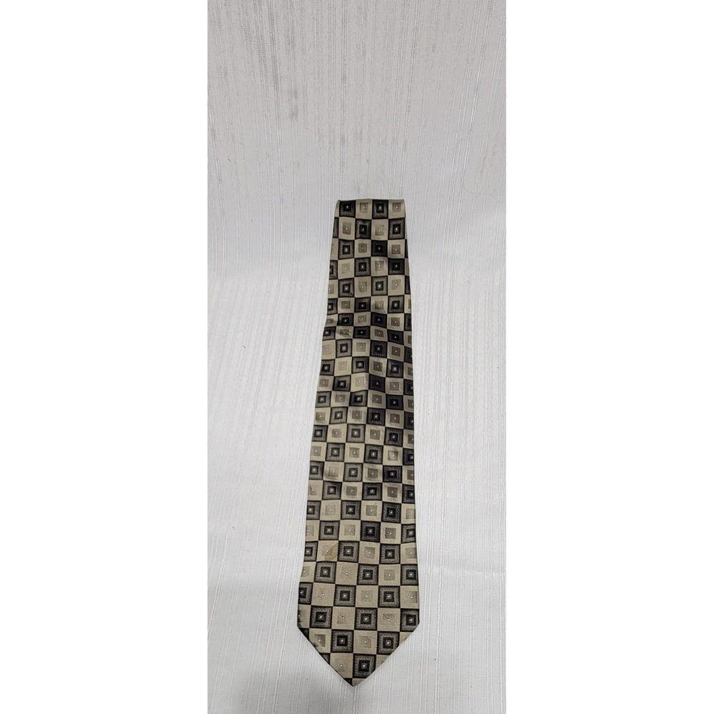 Bachrach Mens Silk Tie Made in Italy Geometric Pattern Champagne Grey Black